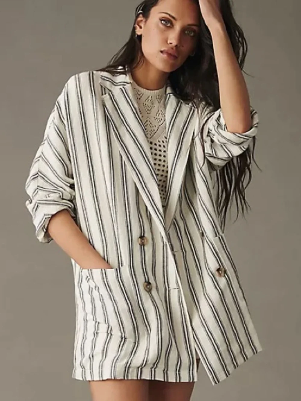 Anthropologie Pilcro Dolman Sleeve Blazer Striped Linen Double Breasted White